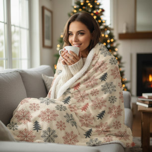 Modern Nordic Red & Black Snowflake and Pine Tree  Sherpa Blanket