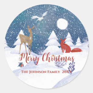 Modern Nordic Winter Snowy Night Fox Deer Birds Cl Classic Round Sticker