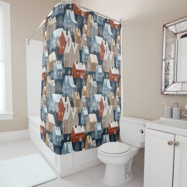 Modern Nordic Winter Town Whimsical Scandinavian  Shower Curtain (In Situ)