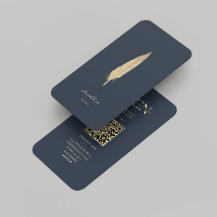Modern Notary Dark Blue Gold Quill Monogram Business Card