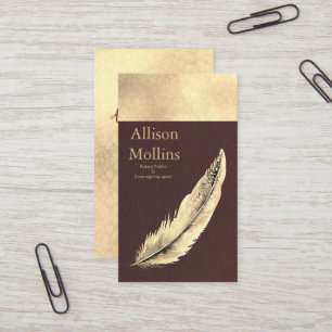 Modern Notary Loan Signing Agent Gold Quill Pen Bu Business Card