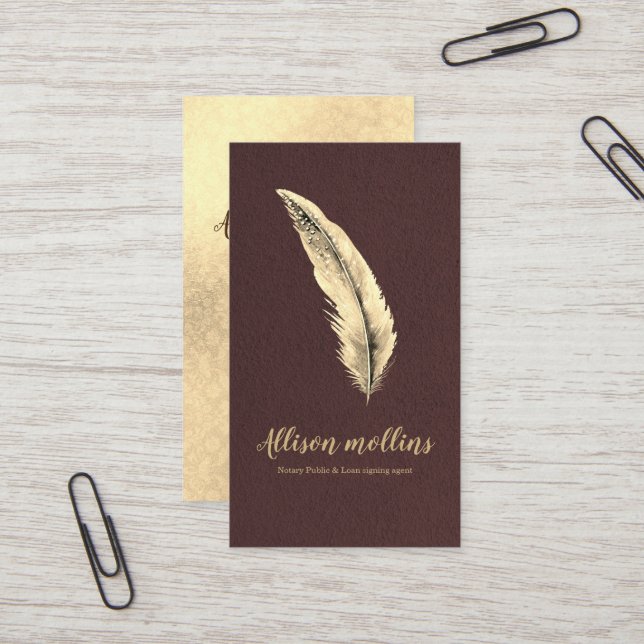 Modern Notary Loan Signing Agent Gold Quill Pen Business Card (Front/Back In Situ)