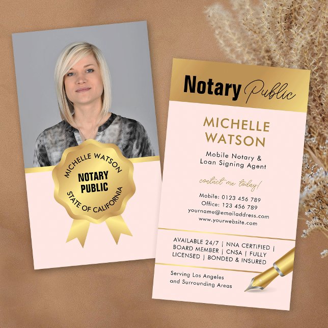 Modern Notary Public Photo Blush Pink & Gold Business Card (Feminine notary public loan signing agent photo business cards in blush pink and gold)