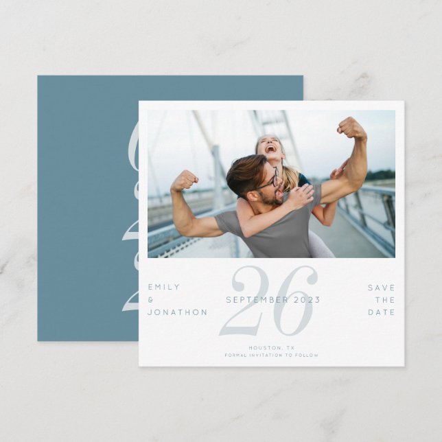 Modern Number Date Photo Blue Save The Date (Front/Back)