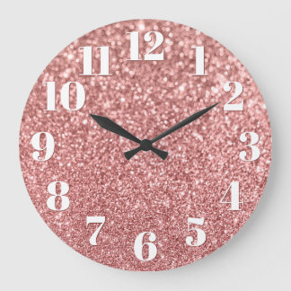 Modern Numbers Faux Sparkly Rose Gold Glitter Large Clock