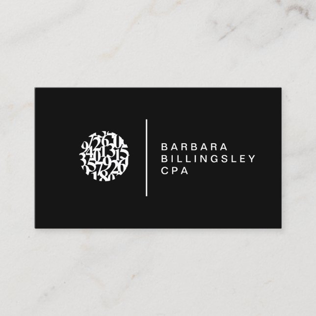 Modern Numbers Logo Accountant Black Business Card (Front)