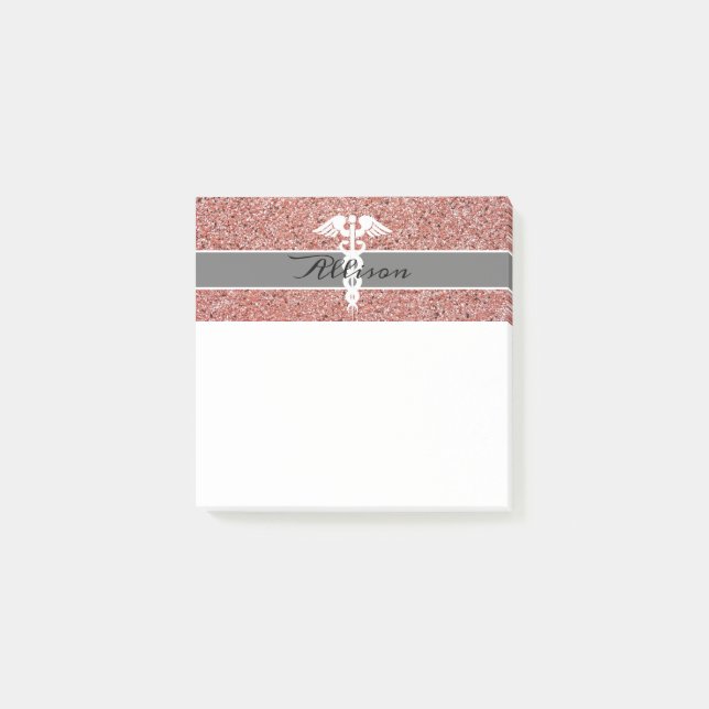 Modern Nurse Caduceus Rose Gold Pink Glitter Post-it Notes (Front)