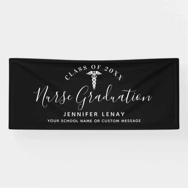 Modern Nurse Graduation Black White Medical Name Banner (Horizontal)