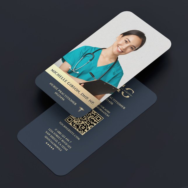 Modern Nurse Practitioner Elegant Dark Blue Gold Business Card (Modern Registered Nurse Practitioner Elegant Dark Blue Gold photo, monogram healthcare business card)