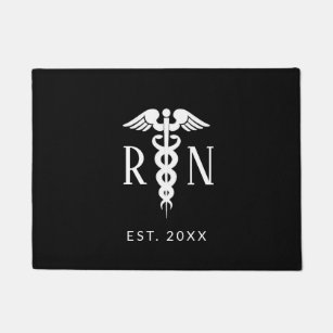 Modern Nurse RN Caduceus Black White Custom Doormat