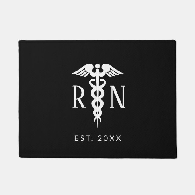 Modern Nurse RN Caduceus Black White Custom Doormat (Front)