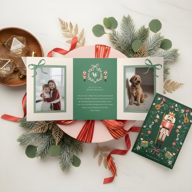 Modern Nutcracker Christmas Bow Ribbon Photo Frame Tri-Fold Holiday Card (Modern Nutcracker Christmas Bow Ribbon Photo Frame Tri-Fold Holiday Card)