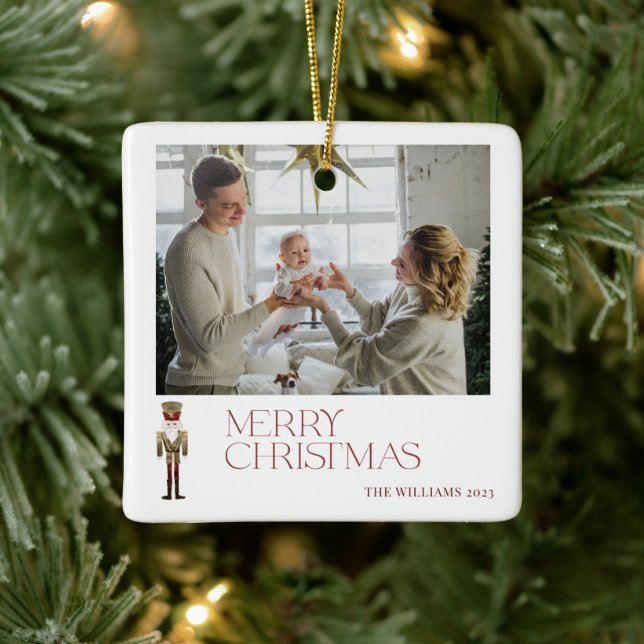 Modern Nutcracker Merry Christmas Photo Typography Ceramic Ornament (Tree)