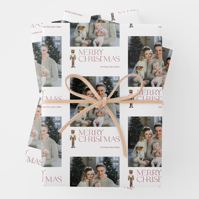 Modern Nutcracker Merry Christmas Photo Typography Wrapping Paper Sheet (In situ)