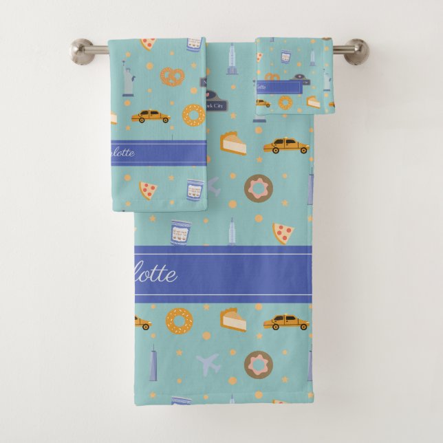 Modern NYC Pattern Turquoise Green Custom Name  Bath Towel Set (Insitu)