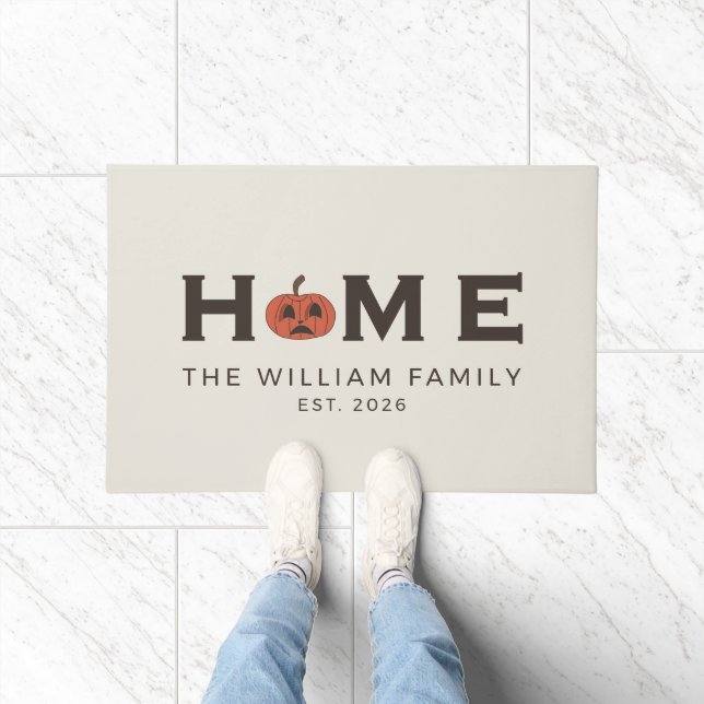 Modern Oatmeal Pumpkin HOME Custom Last Name Doormat (Indoor)