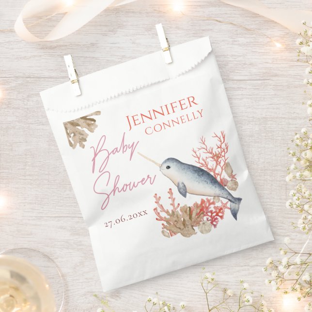 Modern ocean baby Narwhal & watercolour seashells  Favour Bags (Clipped)