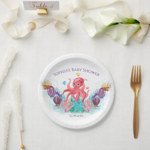 Modern Ocean Baby Octopus Watercolour Colourful  Paper Plate