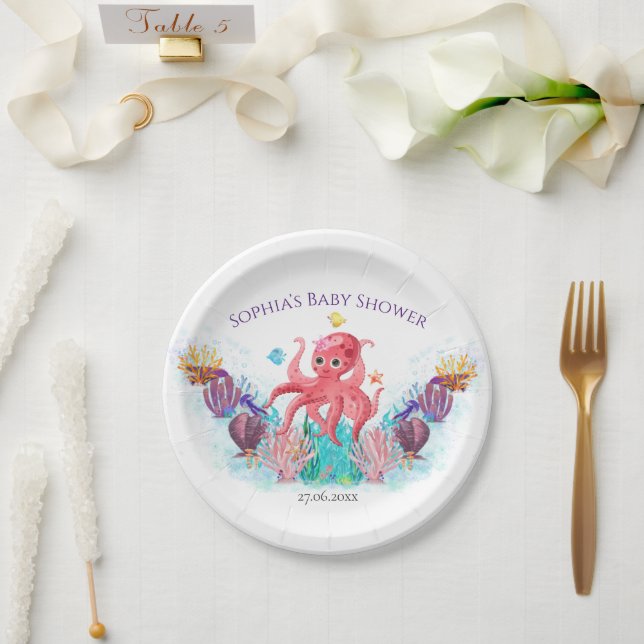 Modern Ocean Baby Octopus Watercolour Colourful  Paper Plate (Wedding)