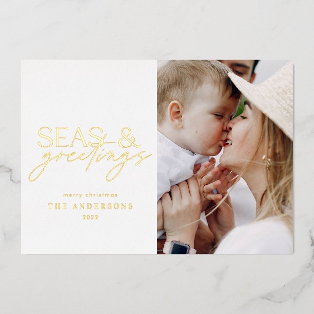 modern ocean beach family photo foil holiday card (Front)