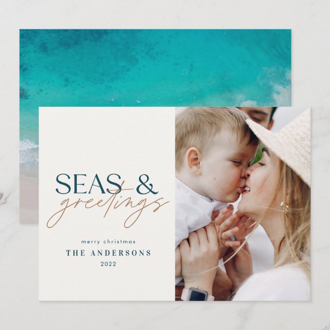 modern ocean beach family photo Holiday Card (Front/Back)