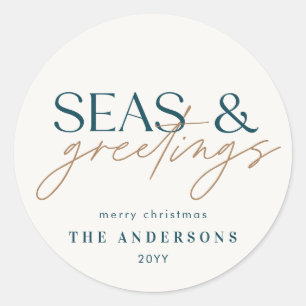 modern ocean beach family photo Holiday Card Classic Round Sticker