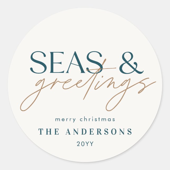 modern ocean beach family photo Holiday Card Classic Round Sticker (Front)