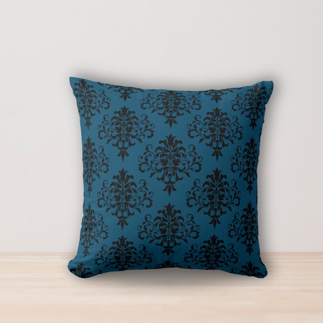 Modern Ocean Blue Black Damask Pattern Cushion (Creator Uploaded)