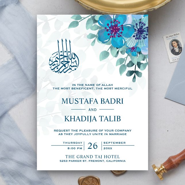 Modern Ocean Blue Floral Islamic Muslim Wedding Invitation (Creator Uploaded)