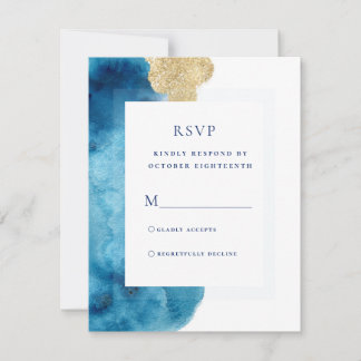 Modern Ocean Blue Watercolor Gold Response Card