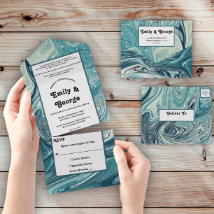Modern Ocean Blue Waves Pastel Abstract Wedding All In One Invitation