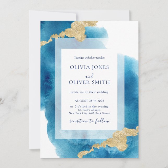Modern Ocean Inspired Blue Watercolor Gold Splash Invitation (Front)