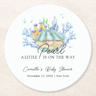 Modern Ocean Pearl Under The Sea Baby Shower Round Paper Coaster