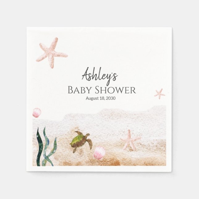 Modern Ocean Sea Turtle Starfish Girl Baby Shower  Napkin (Front)
