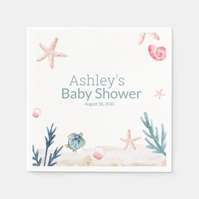 Modern Ocean Sea Turtle Starfish Girl Baby Shower  Napkin (Front)