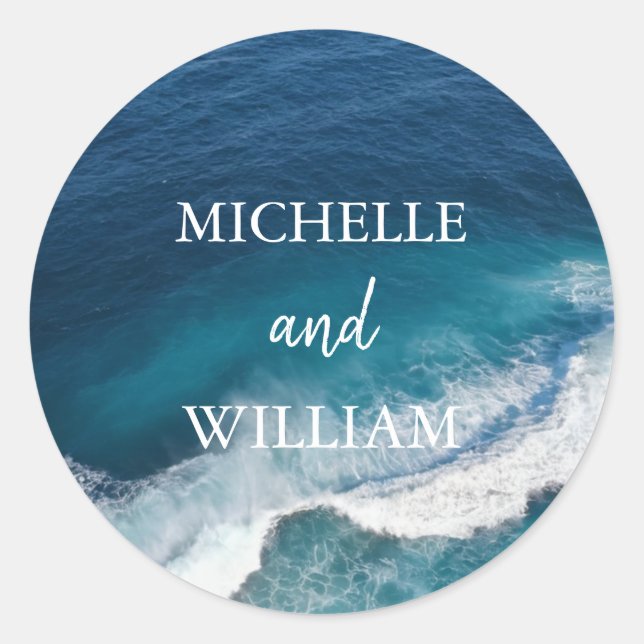 Modern Ocean Summer Blue Beach Wedding     Classic Round Sticker (Front)