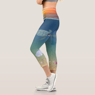 Modern ocean sunrise, turtles and pearls capri leggings