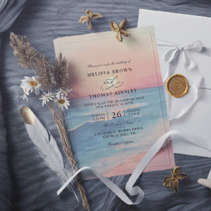 Modern Ocean Sunset Budget QR Code Wedding Invitation