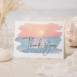 Modern Ocean Sunset Watercolor Beach Photo Wedding Thank You Card
