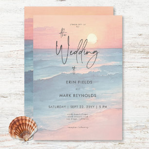 Modern Ocean Sunset Watercolor Beach Wedding Invitation