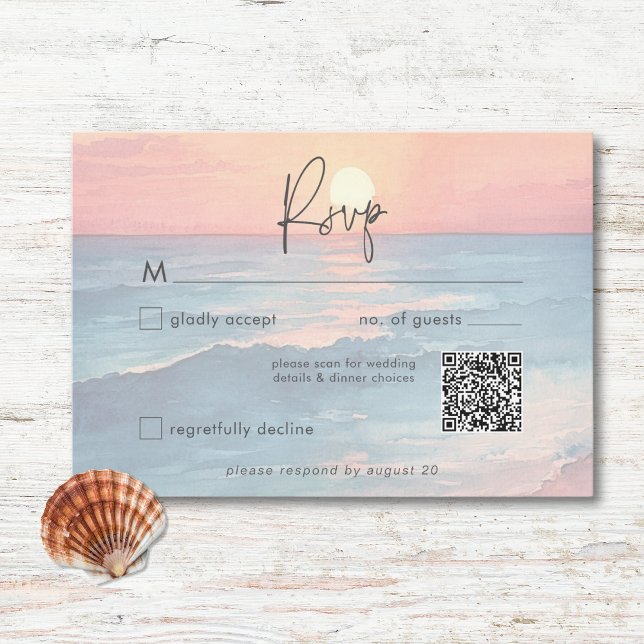 Modern Ocean Sunset Watercolor Beach Wedding QR RSVP Card (Modern Ocean Sunset Watercolor Beach Wedding RSVP Card)