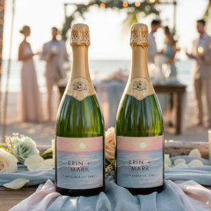 Modern Ocean Sunset Watercolor Beach Wedding Sparkling Wine Label