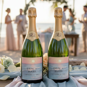 Modern Ocean Sunset Watercolor Beach Wedding Sparkling Wine Label