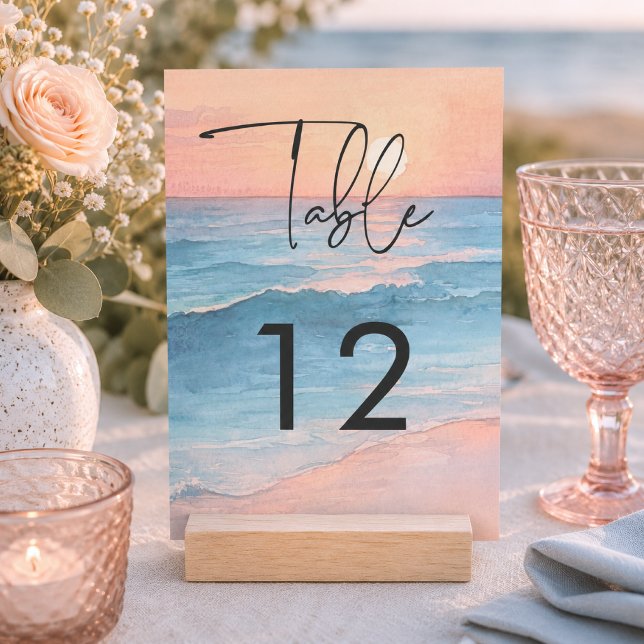 Modern Ocean Sunset Watercolor Beach Wedding Table Number (Modern Ocean Sunset Watercolor Beach Wedding Table Number Card)