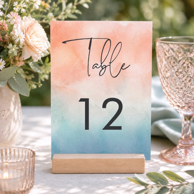 Modern Ocean Sunset Watercolor Beach Wedding Table Number (Modern Ocean Sunset Beach Wedding Table Number Card)