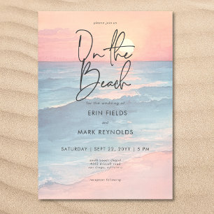 Modern Ocean Sunset Watercolor On Beach Wedding Invitation