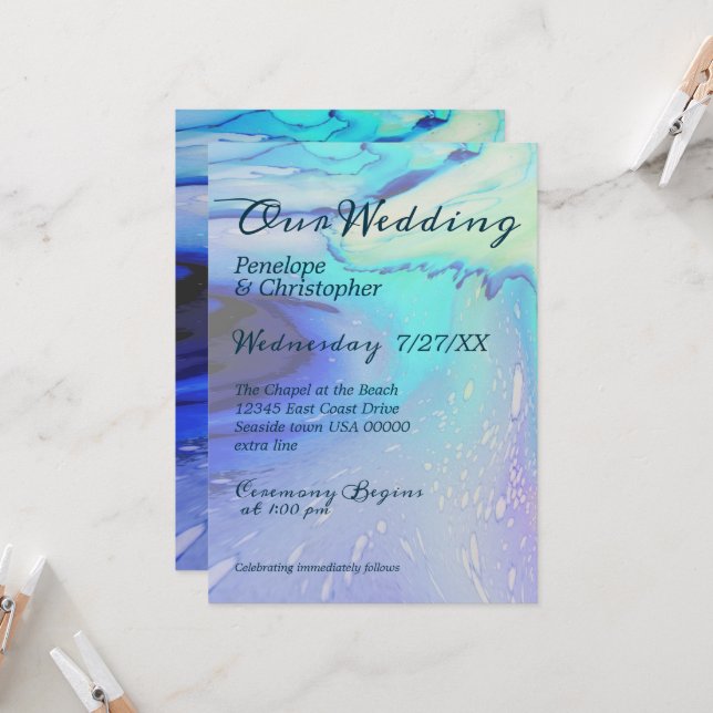 Modern Ocean Water Blue Abstract Beach Wedding   Invitation (Front/Back In Situ)