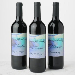 Modern Ocean Water Blue Abstract Beach Wedding Wine Label