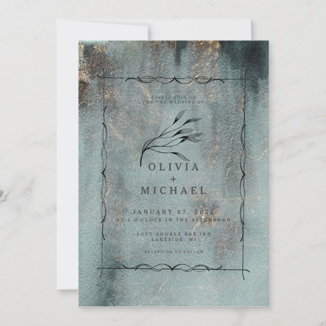 Modern Oceanic Teal Watercolor w/Gold Wedding Invitation (Front)