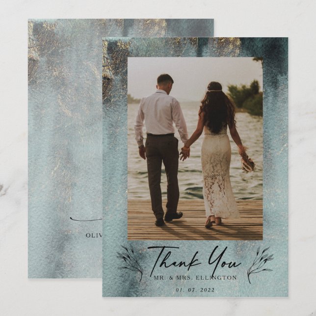 Modern Oceanic Watercolor w/Gold Photo Thank You Card (Front/Back)